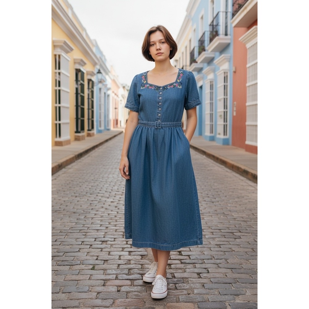 Erika Vintage Floral Embroidered Denim Midi Dress Blue Medium Pockets Distressed